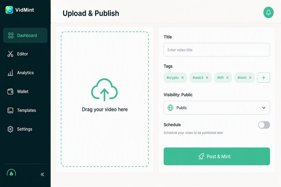 デスクトップからショート動画を投稿する VidMint ウェブアップロード・公開ページ